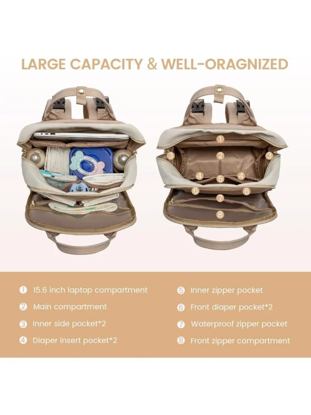 Stylish Waterproof Diaper Bag Backpack with Changing Pad & Stroller Buckles